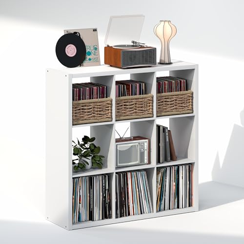 Image of Furinno Cubicle Record Player Stand, 9-Cube Vinyl Record Storage, White | Vinyl Storage, 1.2 inchInch Extra Thick, Open Back Media Shelf for CD DVD Bluray Game Disc, for Living Room, Home Office