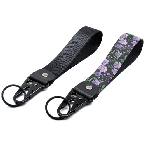 Wauhetsmvy 2 Pack Short Wrist Lanyard Keychain, Black & Purple Floral