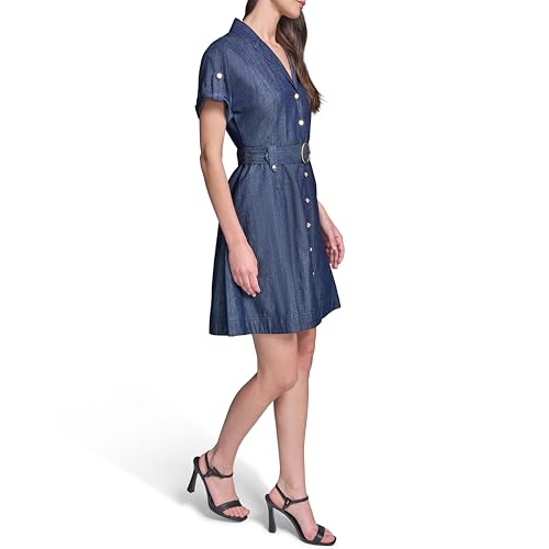 Image of Karl Lagerfeld Women's Short Sleeve Collar Chambray Shirt Dress Fit and Flare Dress