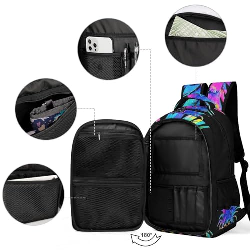Unisex Backpack with Side Pockets, Women Men Durable Spacious Backpack, Colorful Pineapple Black Comfy Shoulder Bag for Travel, Daily Commuting3