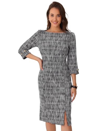 Allegra K Vestido de tweed para mujer, elegante, cuello barco, manga 3/4, vestido de trabajo, Negro, L