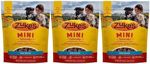 Zuke’s Mini Naturals Dog Training Treats, Beef Recipe, Soft Mini Dog Treats with Vitamins & Minerals, Made for All Breed Sizes (Beef, 6 Ounce (Pack of 3))