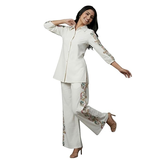 granth enterprise Women’s Floral Printed Cotton Co-Ord Set – Lightweight Button-Down Full Sleeve Shirt with Relaxed Fit Wide Leg Pants, Breathable Summer Loungewear-picture-49