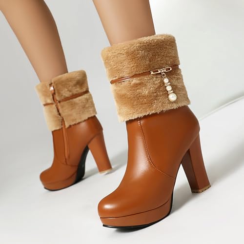 UTIKLIOU Women's Ankle Boots Platform Boots Side Zip Chunky Heel Booties with Fur Round Toe Leather Winter Boots for Women4
