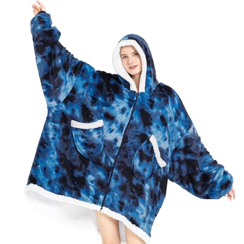 Topcee Oversized Wearable Blanket Sherpa Fleece Blanket Hoodie Comfortable Soft Warm Thick Big Hooded Sweatshirt Hoodie Blanket - Cozy and Fuzzy blanket Hoodie with Giant Pocket - Dark Blue Tie Dye