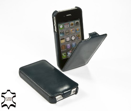 Fundas Iphone 4 StilGut Funda Original UltraSlim Plegable de Cuero Genuino para el Apple iPhone 4s, Azul Noche