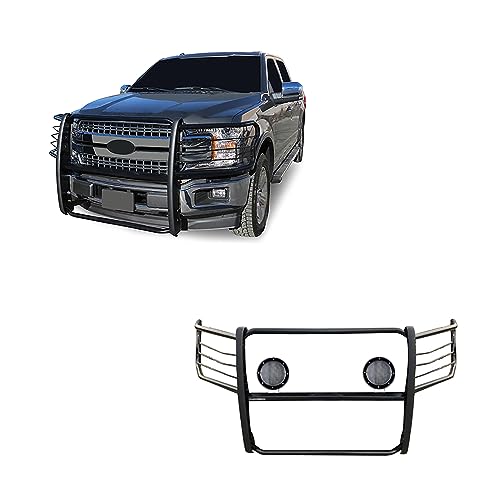 Image of Black Horse Grille brush Bumper Guard Modular Come with Pair of 5.3 inch Dia.LED Lights with Black Trim Rings Compatible with 2015-2024 Ford F-150-17FP32MA-PLFB