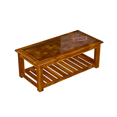 Image of Sheesham Wooden Centre Table with Storage Shelf for Living Room with Glass Top - Solid Wooden Coffee Table | Teapoy Tea Table Sofa Table & Center Table with Storage (Design 5)