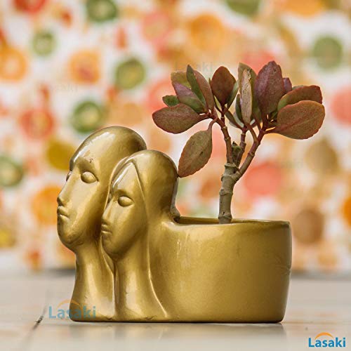 Image of Lasaki Couple Golden Ceramic Pots for Indoor Plants, Planters, Flower, Pots, gamla, Outdoor, Balcony, Home, Garden, Office Decor, Succulent Pot(L - 16 X W - 10 X H - 14.5 cm)(Plants not Included)
