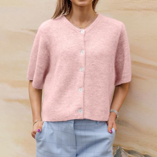 Image of Women Knit Crop Cardigan Y2k Short Sleeve Knitted Shirts Open Front Button Down Sweater Cute Fall Cardigans 2024