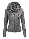 Lock and Love LL WJC1044 Women’s Faux Leather Moto Biker Jacket with Removable Hood – Zip Up Short Coat with Pockets, Fall Fashion Outerwear L Grey
