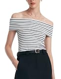 GOELIA Women's Off Shoulder Top Short Sleeve Knit T Shirt Blue Stripe Dressy Slim Fit Business Casual Going Out Tops Valentines Day Gifts