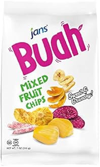 Jans Buah Mixed Fruit Chips, 7 Oz — Tropical Mix of Red Dragonfruit, Pineapple, Banana, Jackfruit, Taro, Pumpkin Chips - Deliciously Sweet & Crunchy Mixed Chips Snacks, Non-GMO, Gluten Free, Vegan