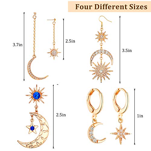 4 Pairs Moon Gold Earrings Sun Star Earrings Boho Earrings Moon Dangle Drop Earrings Retro Jewelry For Women Girls, Gold #TOP1