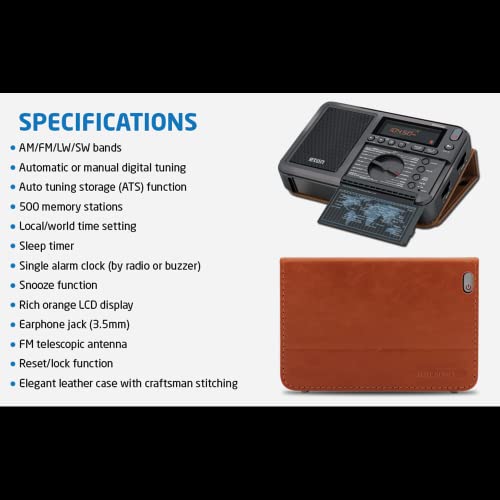 Eton Elite Traveler AM/FM, rádio de ondas curtas com RDS, relógio mundial, 500 estações, ajuste de d