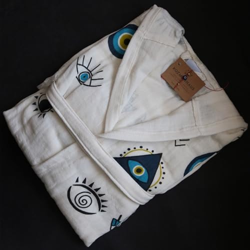 Turkish Cotton Hooded Bathrobe for Women & Men, Handmade Evil Eye Patterns, Lightweight. with Tote Bag.4