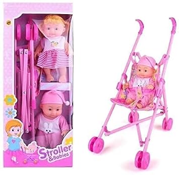 Stroller and Babies Doll Set, Pink, with Foldable Pram, Pretend Play Toy for Kids