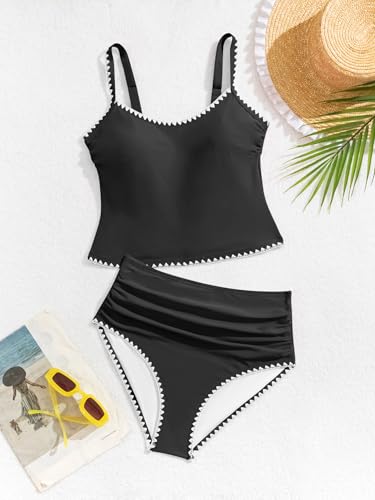 Image of Eomenie Tankini Swimsuit for Women Tummy Control Ruched Two Piece Bathing Suits High Waisted Shell Stitch Swimwear