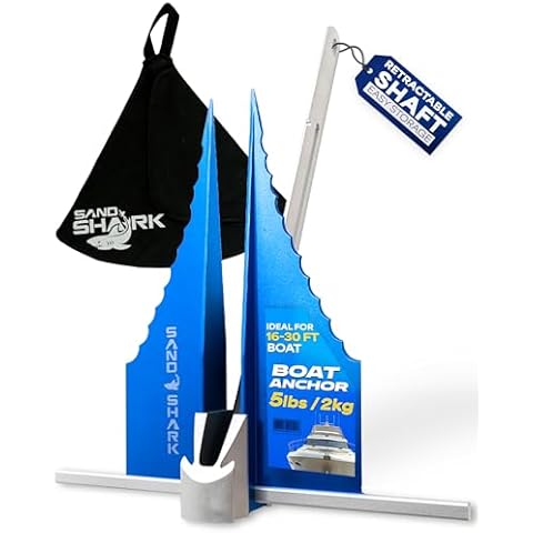 SandShark Premium Fluke Anchor-Retractable Shaft for Easy Storage-Aluminum Pontoon Boat Anchor for Boats to 30 ft-Under 5lbs. Must Have Sand Anchor for Boat, Boat Anchor Kit, Pontoon Boat Accessories Cover