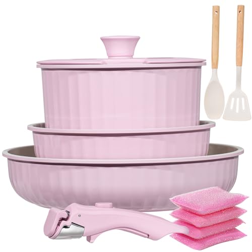 Vivicreate 11 Piece Pots and Pans Set Nonstick with Removable Handle Induction Cookware Stackable Kitchen Set for RV Camping Apartment Frying Pan and Saucepan (Pink)