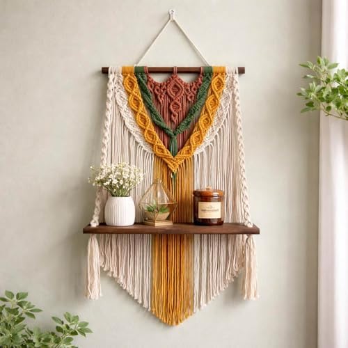 Colorful Macrame Wall Shelf, Boho Hanging Shelf with Wooden Board, Artistic Wall Decor for Living Room Bedroom-S image 5