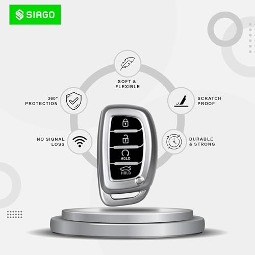 Image of SIAGO Premium TPU Car Key Cover and Metal Keychain Compatible with Hyundai Alcazar and Creta 2021 2022 & 2023 Car 4 Button Smart Key (Grey)