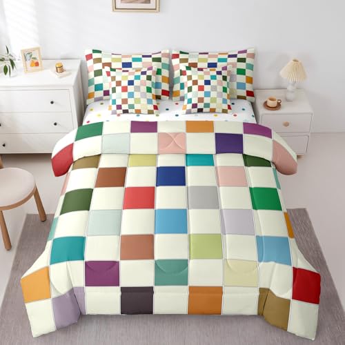 Image of Erosebridal Kids Rainbow Checkered Full Comforter Set with Sheets 7 Piece Colorful Plaid Grids Bedding Set Funky Checkerboard Bed in A Bag for Boys Girls Teen Geometric Gingham Bed Set