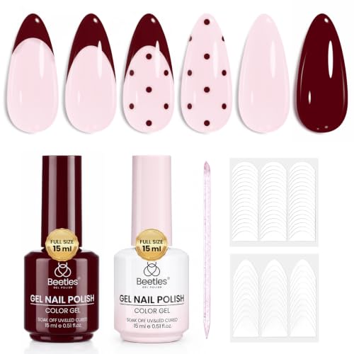 Image of Beetles Burgundy Gel Polish Set, Rosy French 15ml Easy French Tips Kit | Burgundy Jelly Nude Pink Fall Colors Polish with French Nail Stickers Soak Off Uv Gel Manicure Nail Art Design