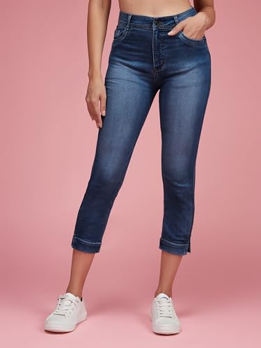 Image of Miss Chase Women's Skinny High Rise Cropped Fringed Hemline Detailing Stretchable Denim Jeans
