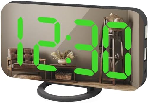 WulaWindy Digital Alarm Clock, Large Mirrored LED Display, with USB Charger, Snooze Function Dim Mode Wall Hanging Beside Desk Clock for Bedroom