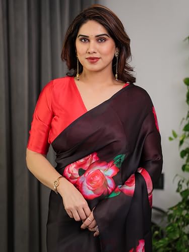Image of ALMAARI FASHION Satin Georgette Floral Printed Saree with Blouse, 5.5 Meter Saree with 0.8 Meter Blouse, Traditional (SG 108 SH)