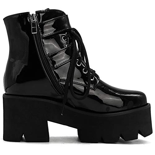 Image of Parisuit Womens Goth Patent Ankle Boots Platform Chunky Combat Boots