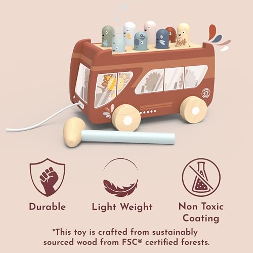 Image of Speedy Monkey Bus Pounding Bench, Pull-Along Bus with Hammering Activity, 8 Wooden Characters, Enhances Hand-Eye Coordination, Safe Design, Non-Toxic Paint, Educational Toy for Kids 2-5 Years | pull-along bus, 8 characters, hammering & pounding toys, montessori toys, hand-eye coordination, creative motor skill, gift