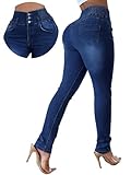 BYNNIC Women's Colombian Style Jeans Butt Lifting Elastic Waist High Waisted Jeans Tummy Control Stretchy Skinny Pants Dark Blue
