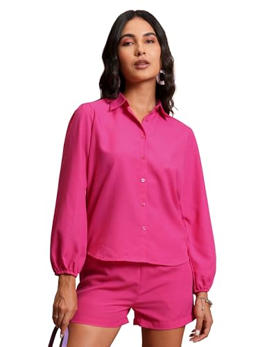 Image of Tokyo Talkies Elegant Bishop Sleeve Shirt & Shorts Co-ord Set | Chic & Effortless | Perfect for Casual & Semi-Formal Looks | Women Co-Ord Set | Co ord set for women