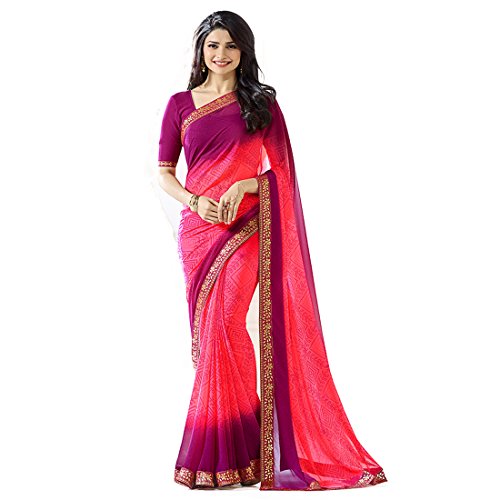 Image of RAJESHWAR FASHION WITH RF Women's Floral Printed Georgette Sarees For Women With Jacquard Work Lace Border & Blouse(Pink Red Free Size 6.30 Mtr)