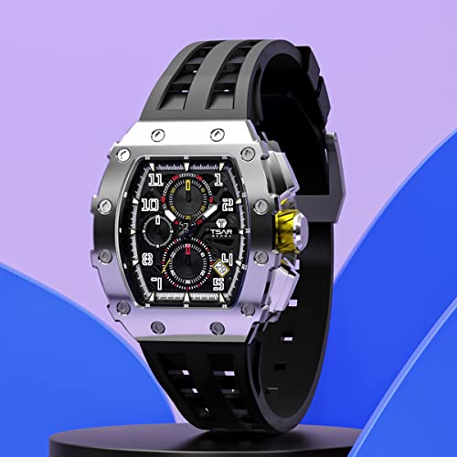 Uhren Herren TSAR BOMBA Luxus Armbanduhr Herren Chronograph 50M Wasserdicht Saphirglas Japan Quarzwerk TMI VK67 Silikonband Klassisches Tonneau Design Leuchtendes Kalender Männer Uhr