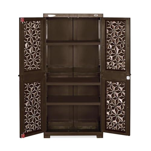 Image of Nilkamal Freedom FMM Star Plastic Wardrobe | 4-Shelf Storage Cupboard with Doors | 3-Year Warranty|Clothes Organizer|Almirah|for Home, Living Room, Bed Room|Adult & Kids| Weather Brown /Biscuit