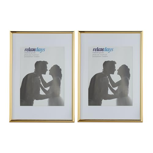 Relaxdays Bilderrahmen 2er Set, Din A4, Passepartout 30.5 x 22 cm, Glasscheibe, Fotorahmen zum Stellen oder Hinhängen, Gold, 60% Kunststoff 40% Glas