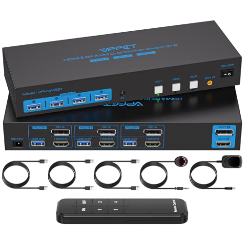 CMSTEDCD USB 3.0 HDMI Displayport KVM Switch 3 PC 2 Monitor 4K60Hz per Tre Computer che Condividono Dual Monitor e Quattro Periferiche Supporto della Modalità Extended&Copy con 12V DC Adapter