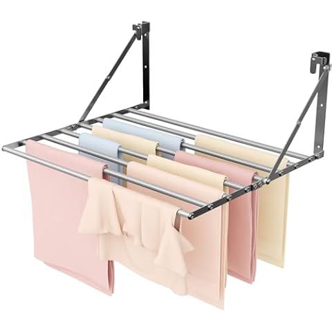 Bigzzia Wall Mounted Clothes Drying Rack, 24Inch Foldable Stainless Steel Drying Rack Clothing, 50 LB Capacity, Space Saver Laundry Rack with 8 Hanging Rods -Silver Cover