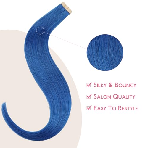 Image of WENNALIFE Tape in Hair Extensions Human Hair Blue Tape in Extensions, 10pcs 30g 20 inch Remy Invisible Tape Ins Straight Colored Soft Real Human Hair Tape in Extensions Refill Set Extensions