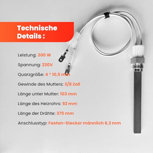 Quarzkerze für Pelletofen - Speziell für KLOVER/MORETTI DESIGN/MORVAN - 300 W, 92/103 mm, Ø10,5x4 mm, Gewinde 3/8 - PS13-230-300-1 Jahr Garantie