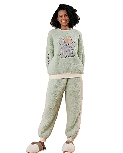 SASIGAYA Schlafanzug Damen Flanell Fleece Pyjama Hausanzug Loungewear Damen...