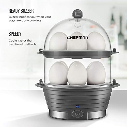 Chefman Electric Egg Cooker Boiler, Rapid Egg-Maker & Poacher, Food & Vegetable Steamer, Quickly Makes 12 Eggs, Hard Or Soft Boiled, Poaching And Omelet Trays Included, Ready Signal, Bpa-Free, Grey #TOP3