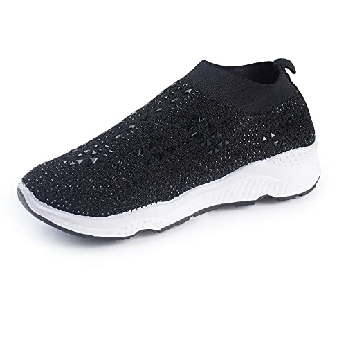Montana West Black Slip On Shoes Women Fashion Sneakers Womens Walking Shoes Glitter Rhinestone Sock Shoes For Ballet Ballroom Dance Jazz Breathable Comfortable 1903Bk-10 #TOP5