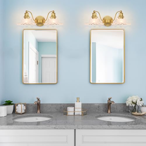 Image of Bright Brushed Gold Bathroom Vanity Light Vintage Style, E26 Easy Mounted | Vanity Light with Flower Glass Shades, 18 inch Wide Bathroom Lighting Over Mirror, Easy Mounted for Bathroom, Bedroom, Hallway
