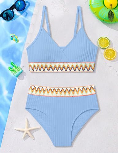 Image of DONWEN Girls Swimsuits V Neck Bikini Set Textured High Waist Girl Two Piece Bathing Suit