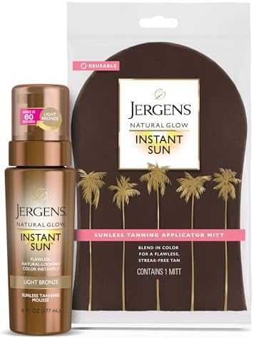 Jergens Natural Glow Instant Sun Bundle: Light Bronze Sunless Tanning Mousse, 6oz Bottle and Applicator Mitt