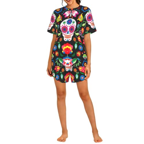 Pyjama court femme imprimé crânes et fleurs vêtement de nuit léger